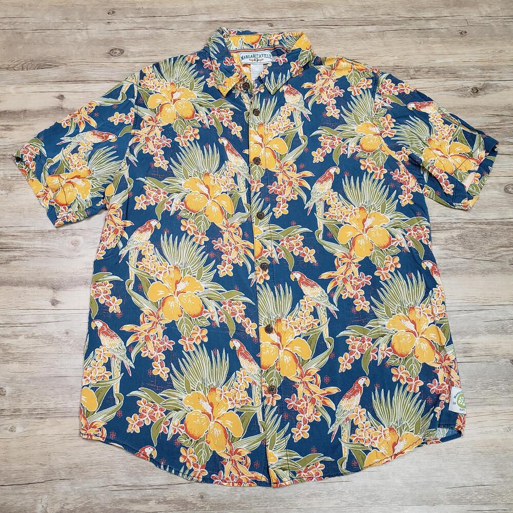 Margaritaville Hawaiian Shirt Mens XL Parrot Floral Short Sleeve Blue Rayon